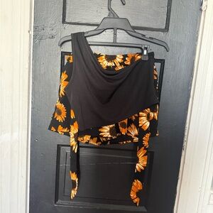 SHEIN Black Crop Top with Orange Sunflower Print Skirt Set